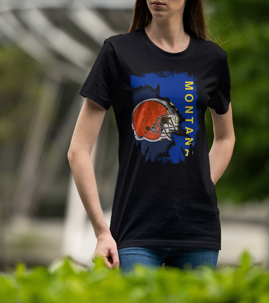 Montana Collaboration With Orange Football Helmet Browns Connection T-Shirt