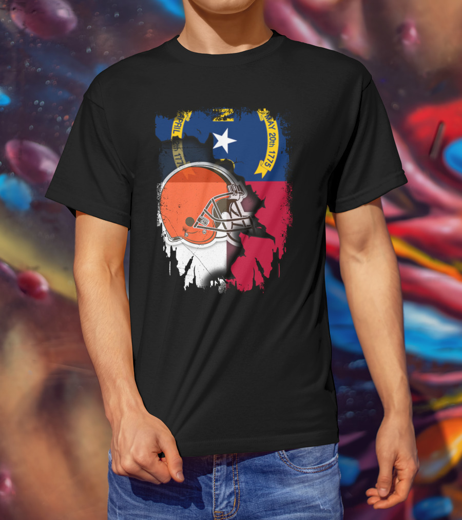 North Carolina State Flag Blended With Cleveland Browns Helmet T-Shirt