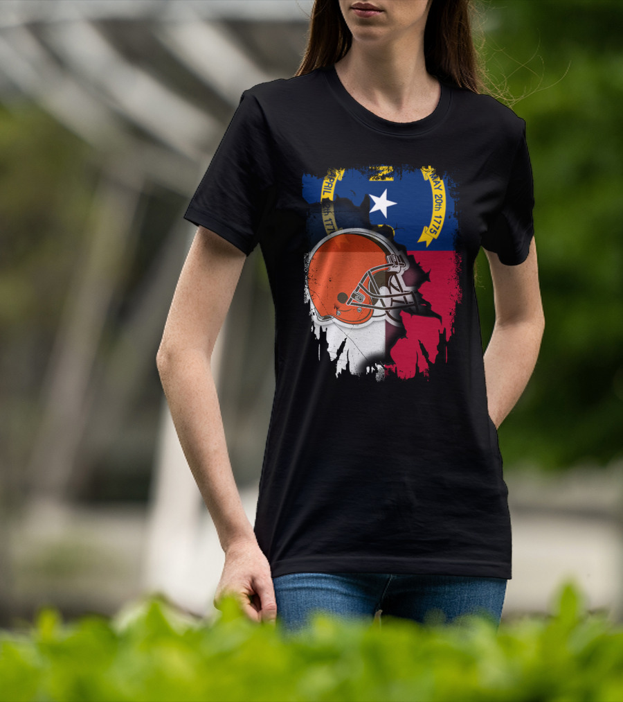 North Carolina State Flag Blended With Cleveland Browns Helmet T-Shirt