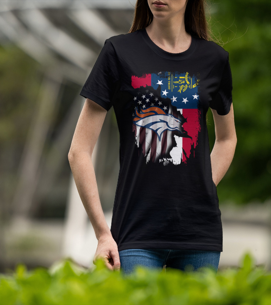Georgia State With Denver Broncos Flag Fusion T-Shirt