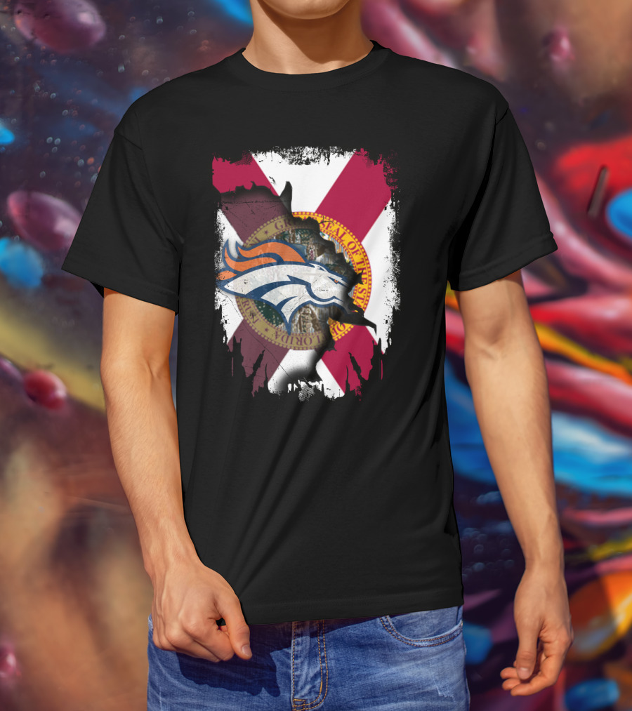 Together Florida With Broncos Logo And State Flag Emblem T-Shirt