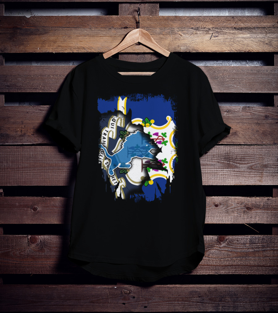 Connecticut State Flag With Detroit Lions Logo Fusion T-Shirt