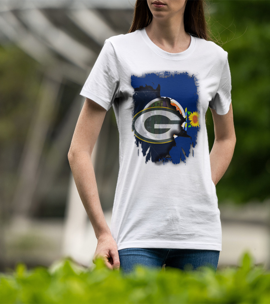 Kansas State Flag With Green Bay Packers Logo And Sunflower T-Shirt
