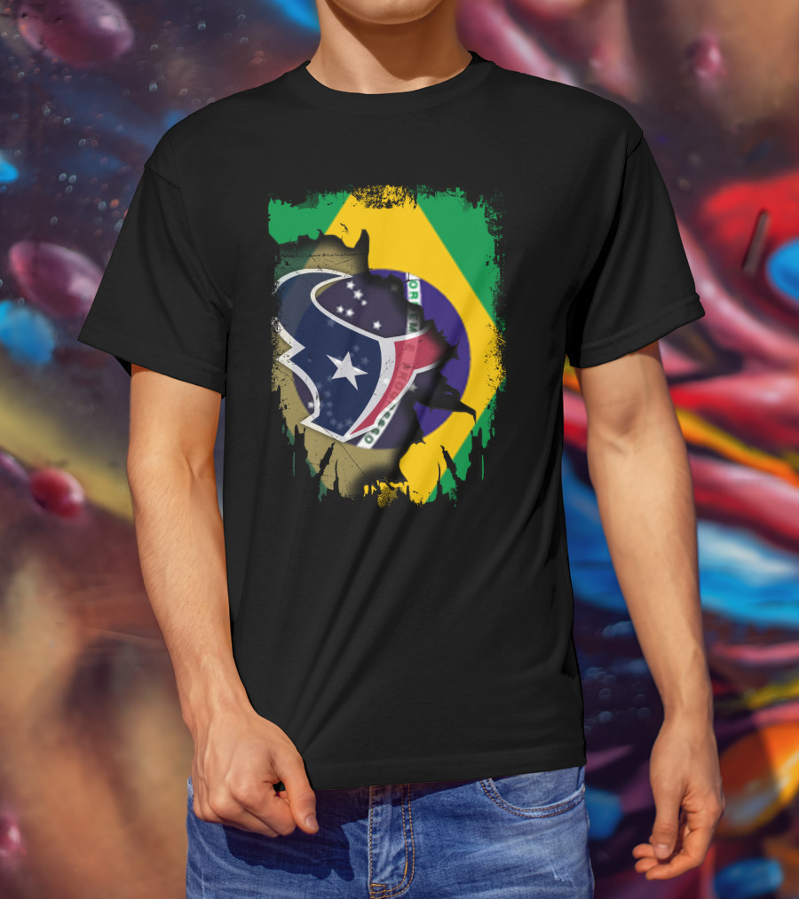 Brazilian Flag And Texans Logo Integration: Together Brazil With Texans T-Shirt