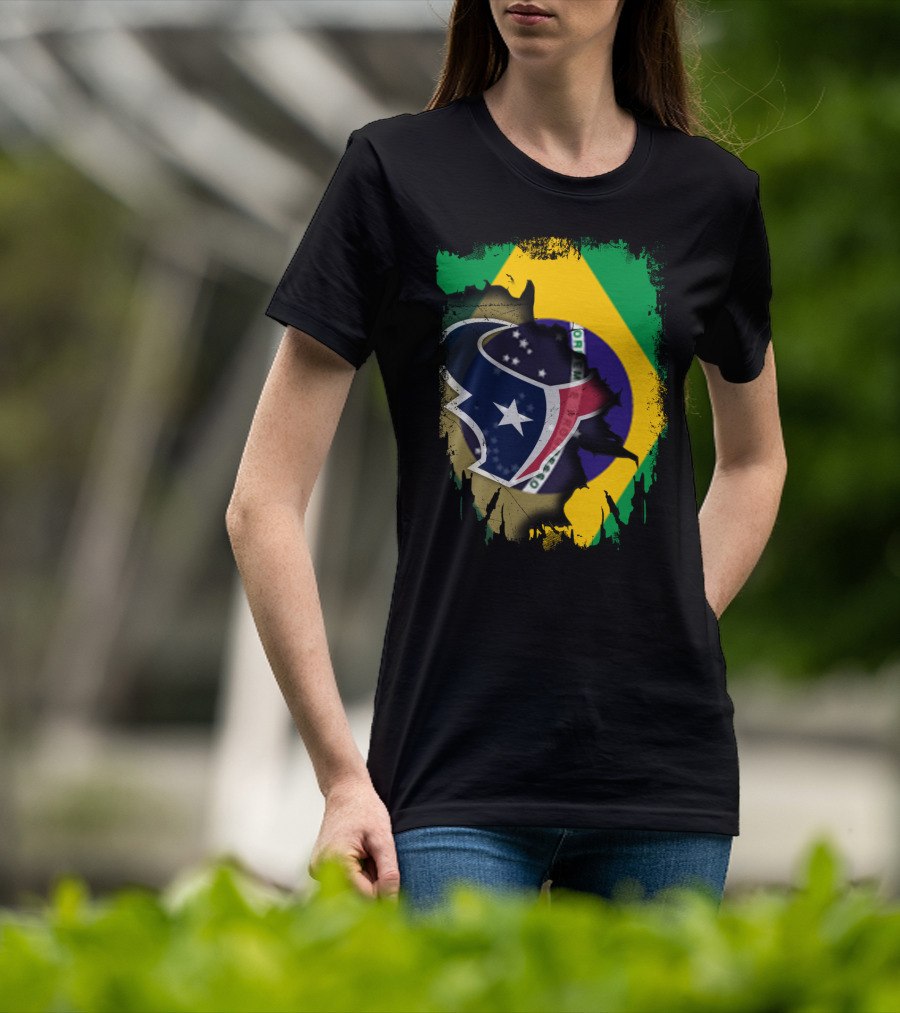 Brazilian Flag And Texans Logo Integration: Together Brazil With Texans T-Shirt