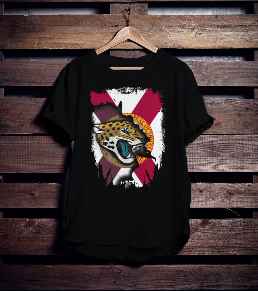 Florida State Flag With Jaguars Roaring Emblem Together T-Shirt