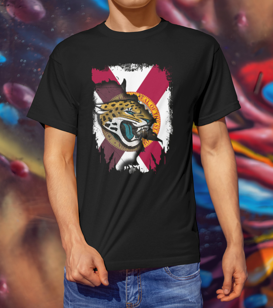 Florida State Flag With Jaguars Roaring Emblem Together T-Shirt