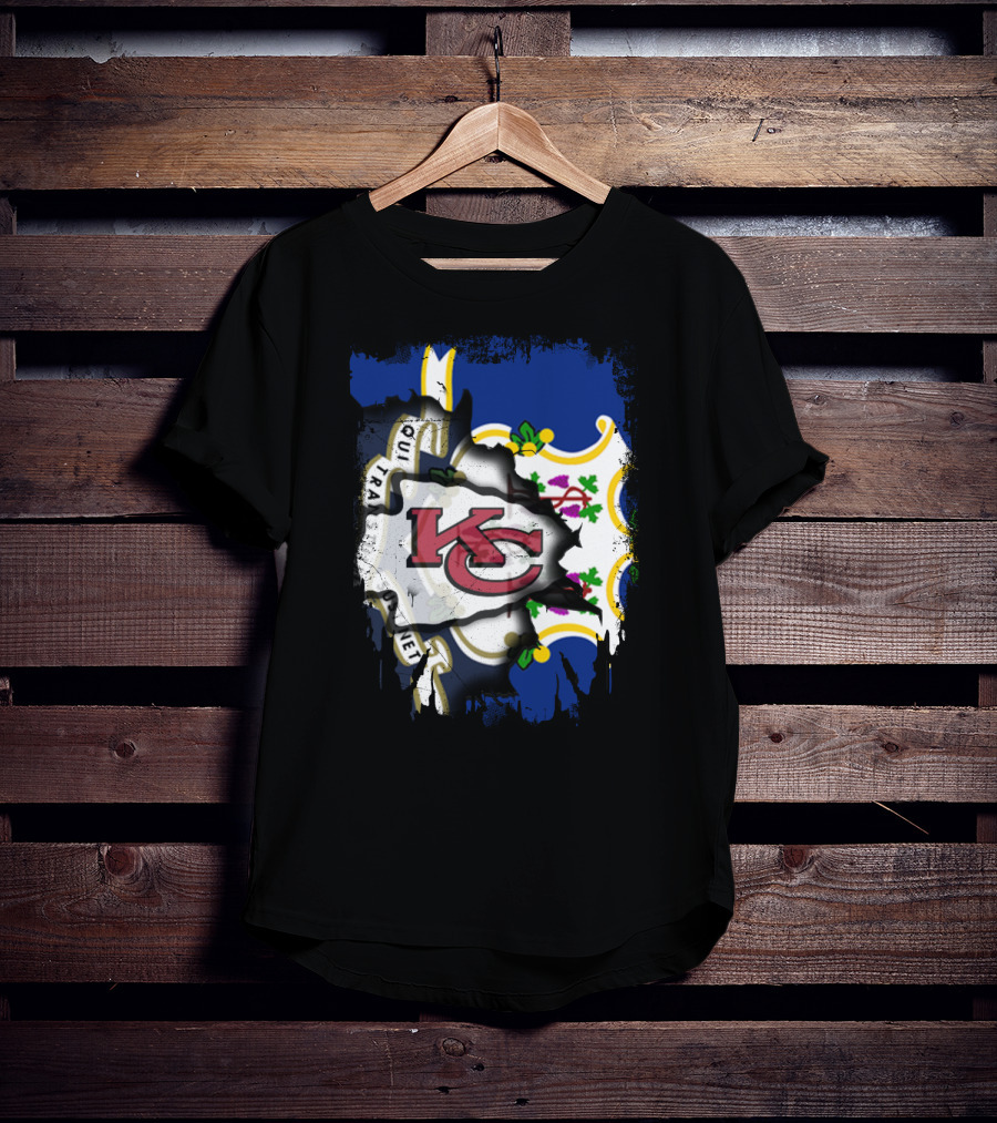 Connecticut State Flag With Kansas City Chiefs Logo Fusion T-Shirt