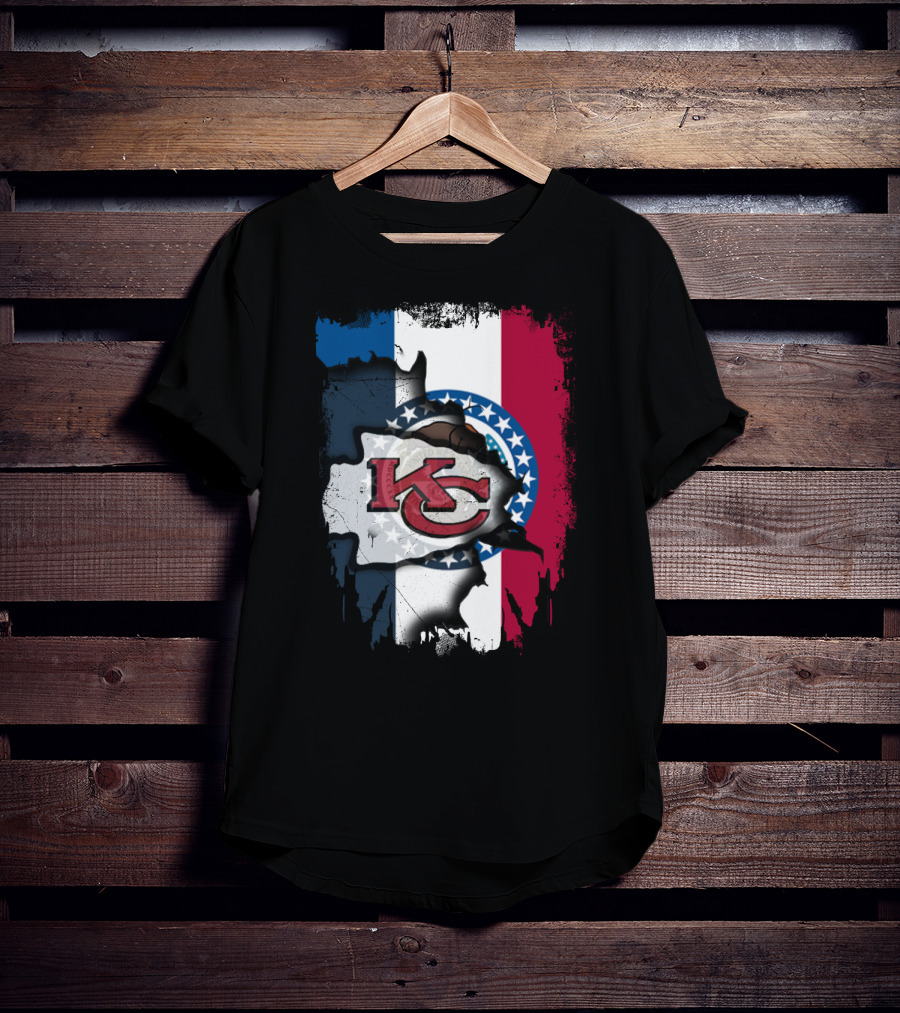 KC Chiefs Logo On Torn Missouri Flag Design Together T-Shirt