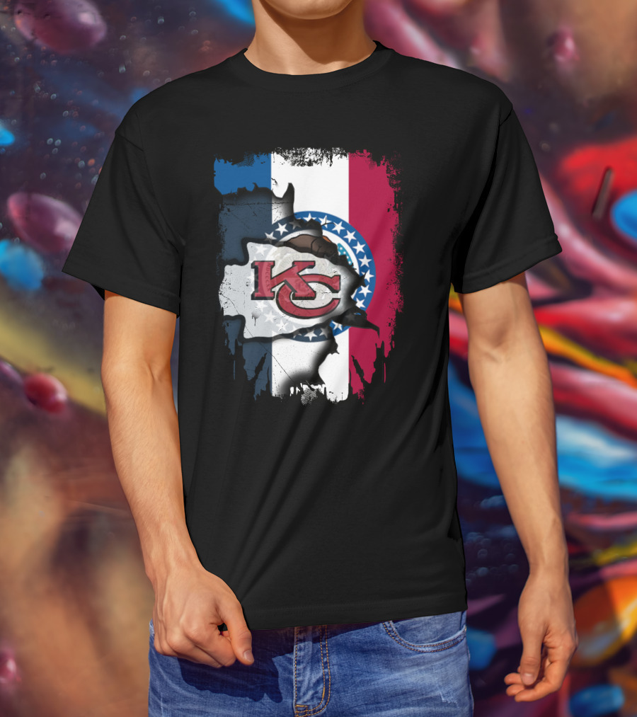 KC Chiefs Logo On Torn Missouri Flag Design Together T-Shirt