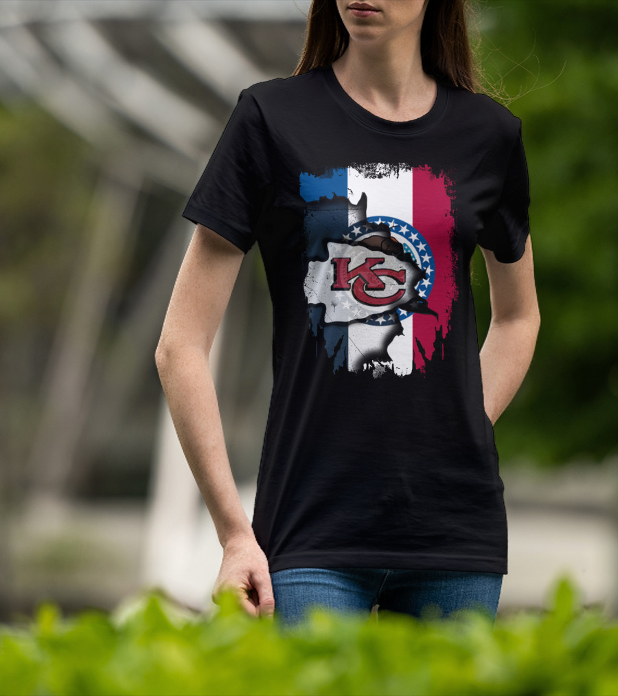 KC Chiefs Logo On Torn Missouri Flag Design Together T-Shirt