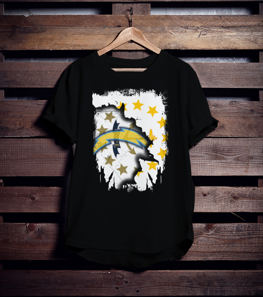 Rhode Island Map With Chargers Logo And Stars T-Shirt