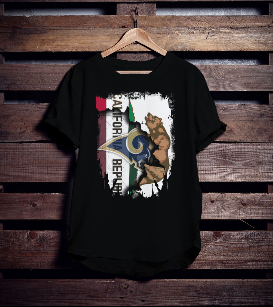 California Republic With Rams Logo Featuring Bear And State Flag T-Shirt