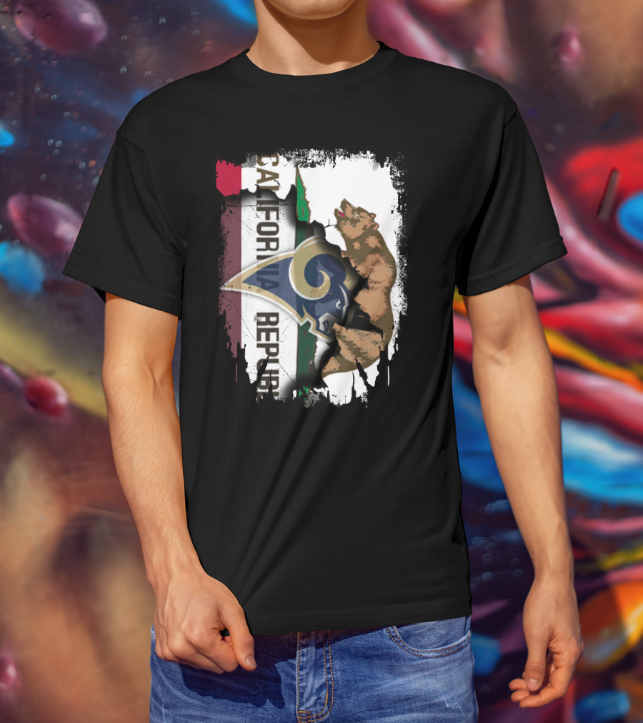 California Republic With Rams Logo Featuring Bear And State Flag T-Shirt