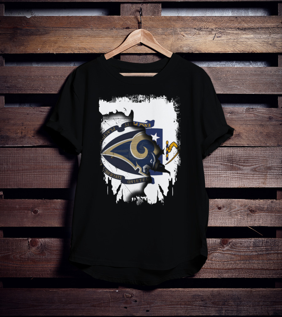 Massachusetts Together With Rams Logo Inside Torn Flag T-Shirt