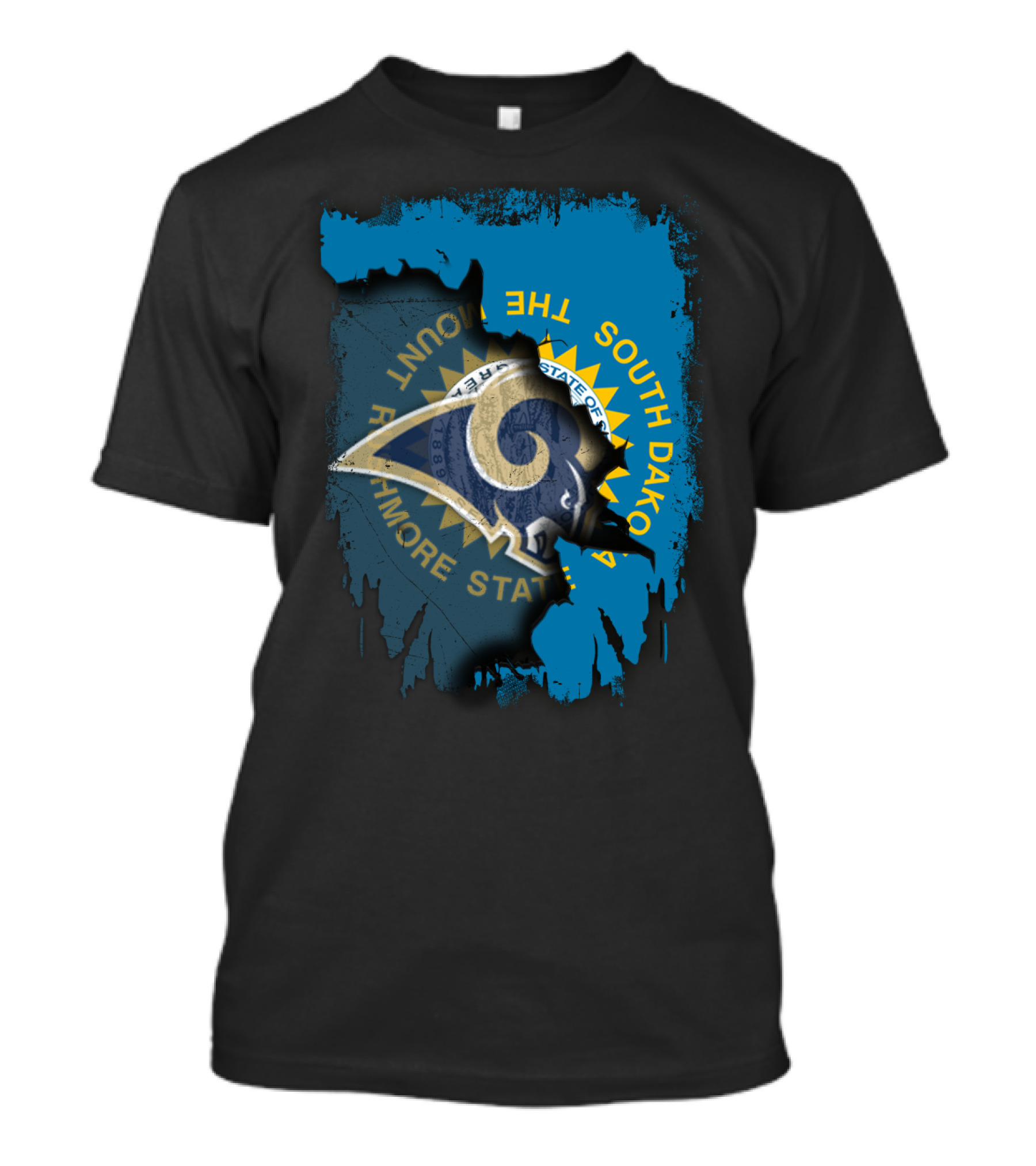 South Dakota State Outline With Rams And Mount Rushmore State Text T-Shirt