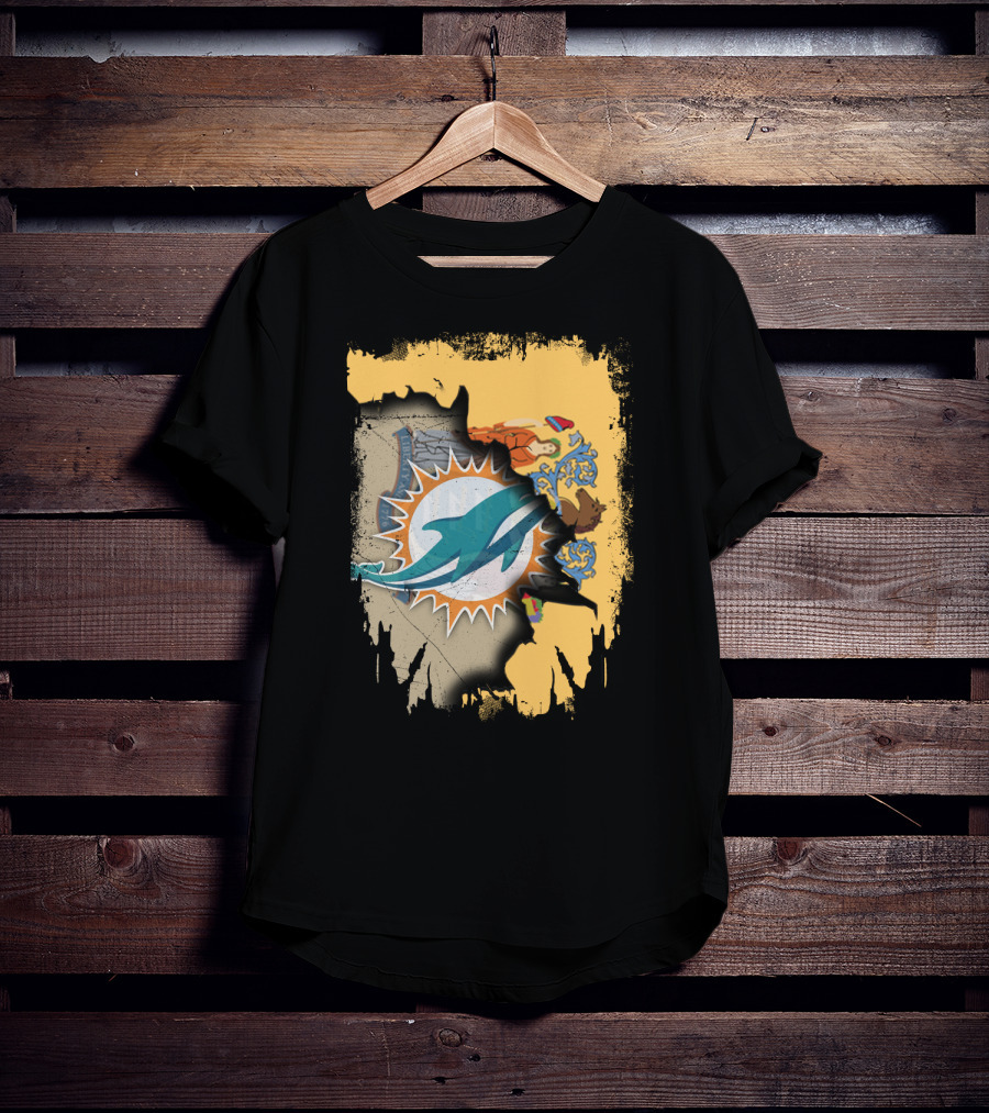 New Jersey Emblem With Miami Dolphins Logo Peeking Through T-Shirt