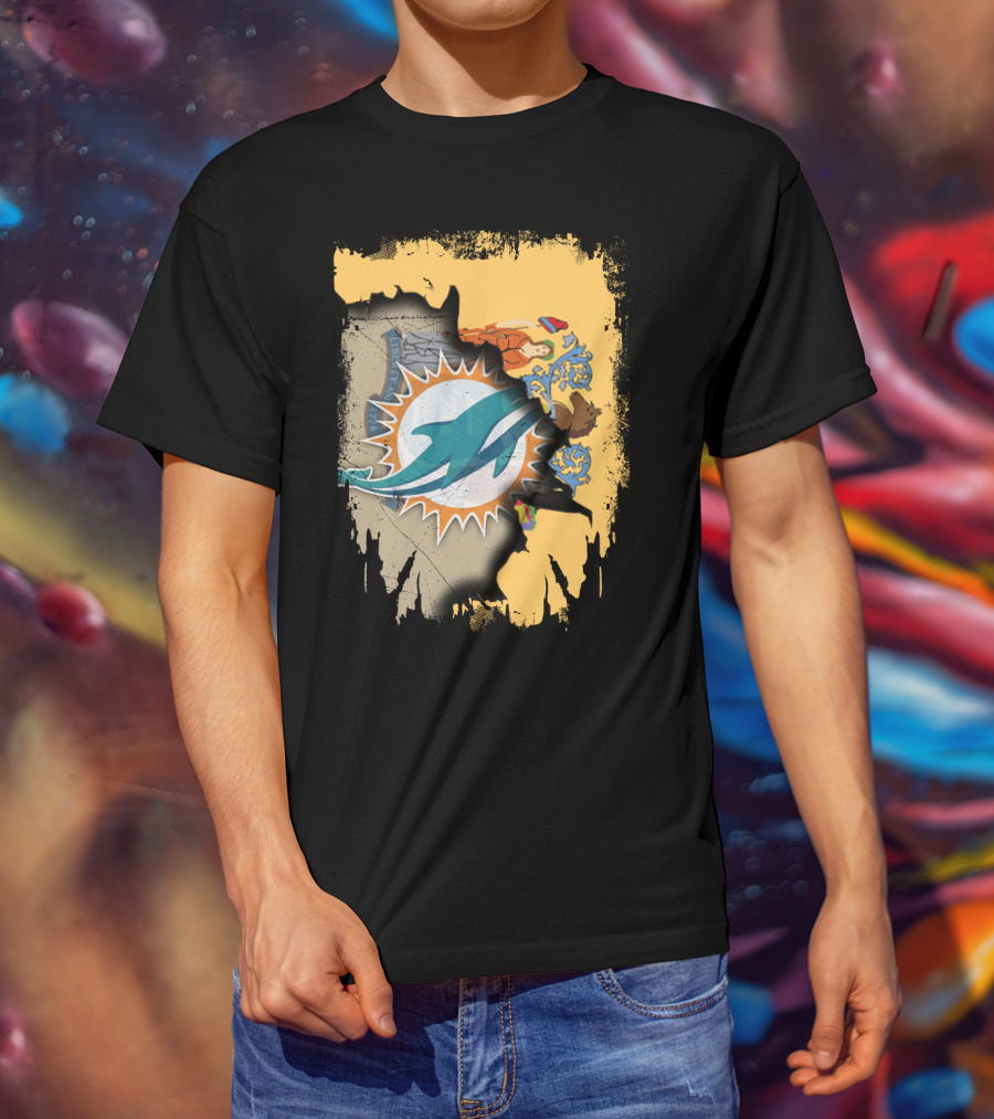 New Jersey Emblem With Miami Dolphins Logo Peeking Through T-Shirt
