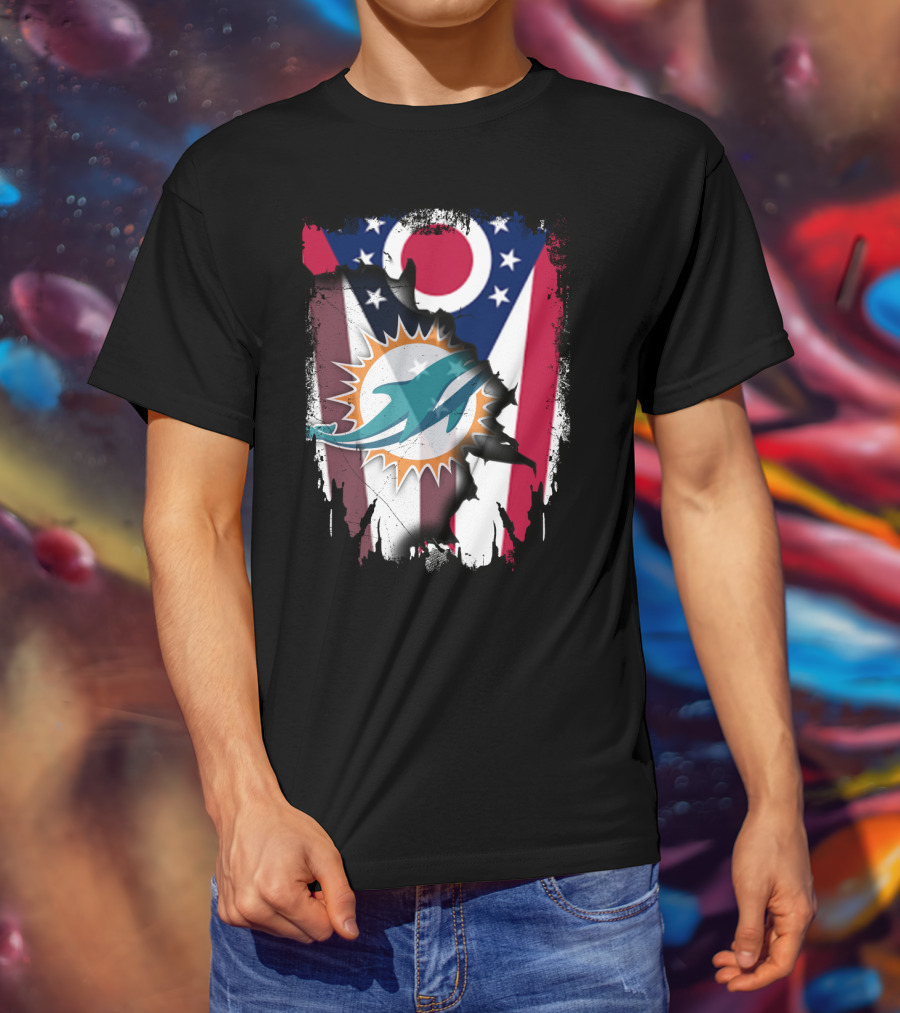 Ohio Flag Torn To Reveal Dolphins Logo Fusion T-Shirt