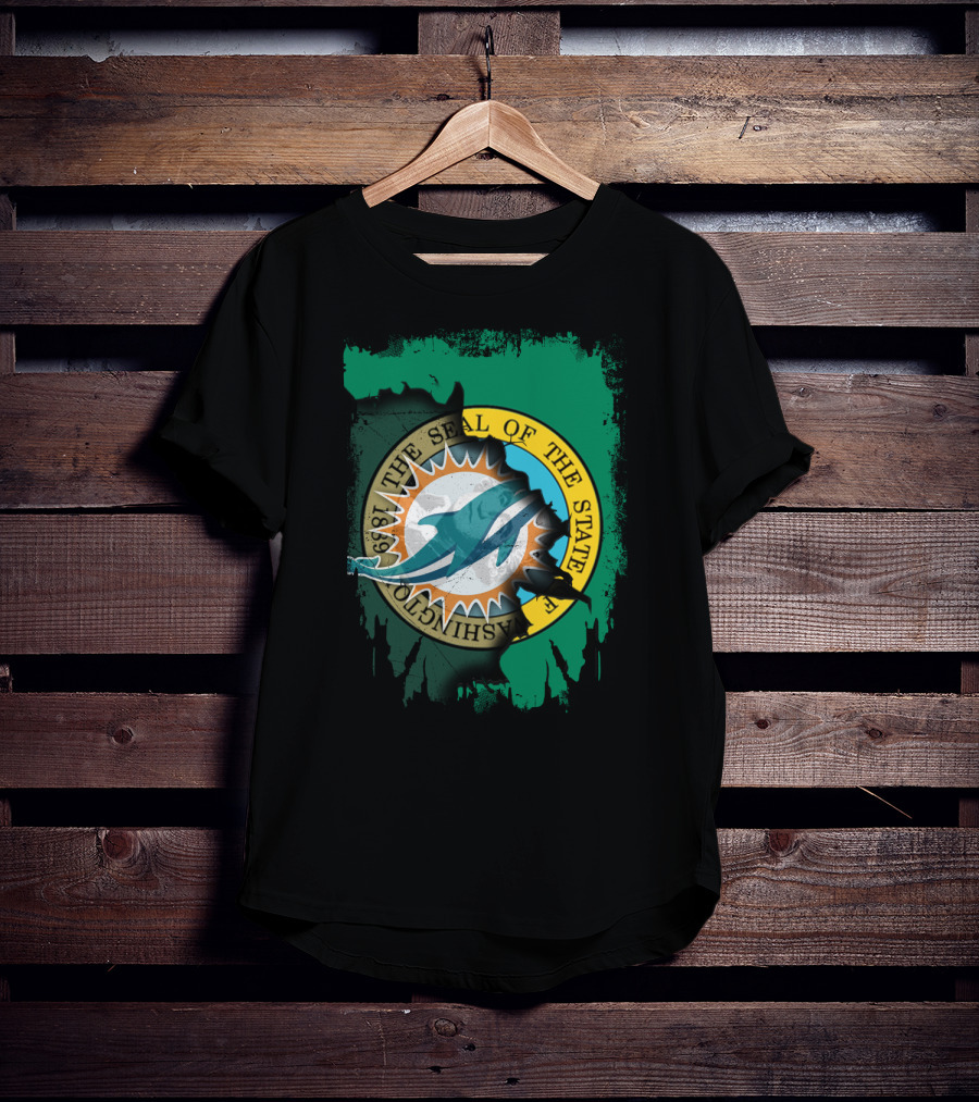 The Seal Of The State Of Washington Dolphins Logo Fusion T-Shirt