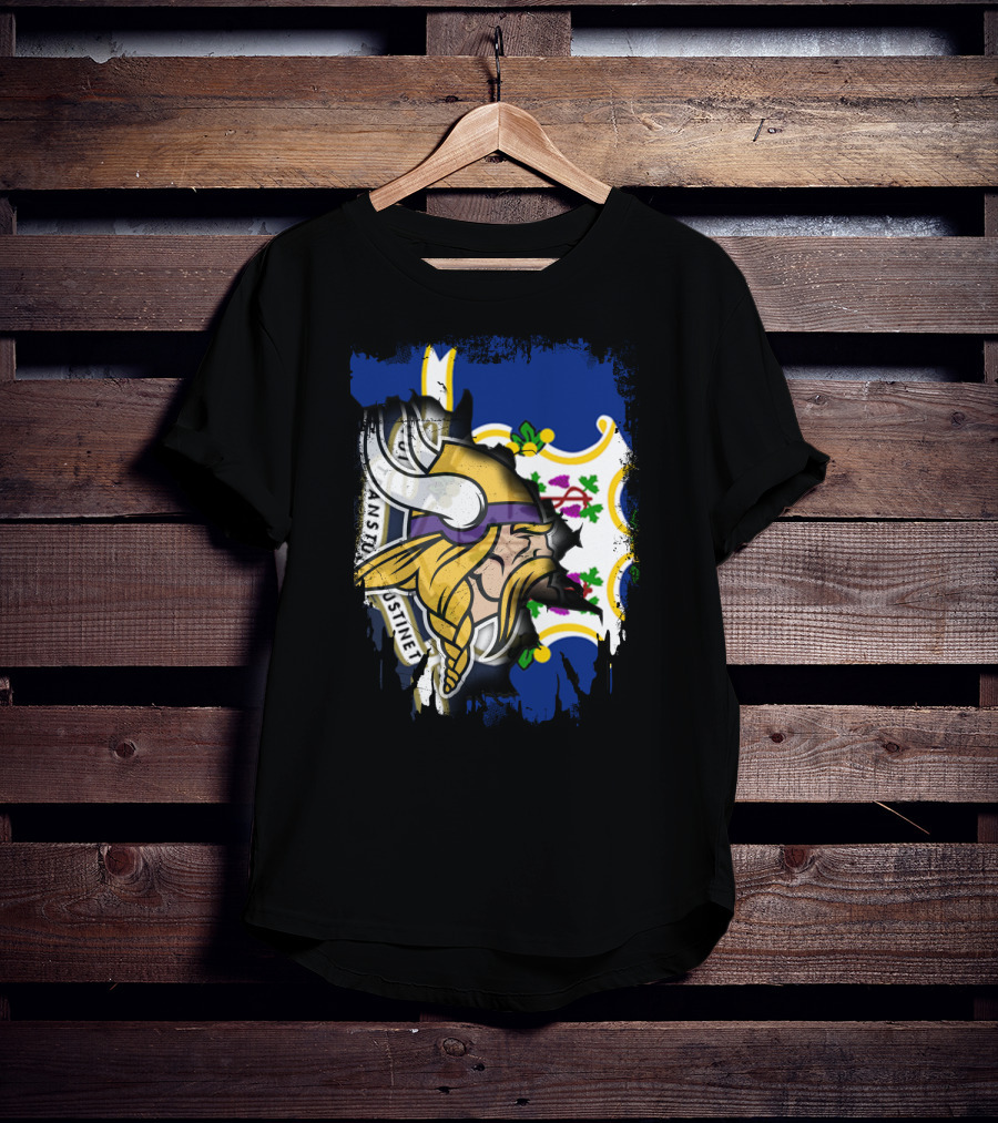 Connecticut State Flag Blended With Vikings Football Team T-Shirt