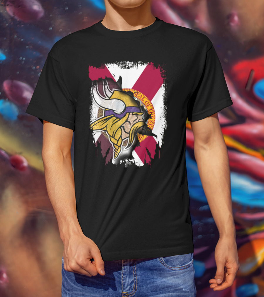 Florida State Flag With Minnesota Vikings Helmet T-Shirt