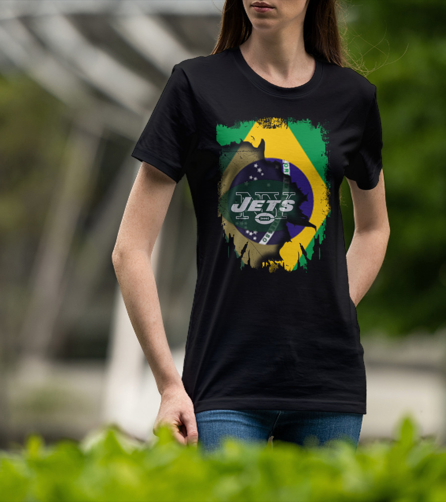 Brazilian Flag Meets New York Jets Logo Fusion T-Shirt
