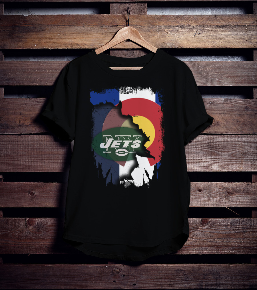 Colorado State Flag With Jets Football Logo In Torn T-Shirt