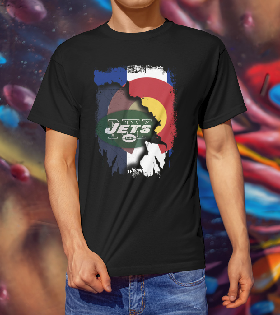 Colorado State Flag With Jets Football Logo In Torn T-Shirt