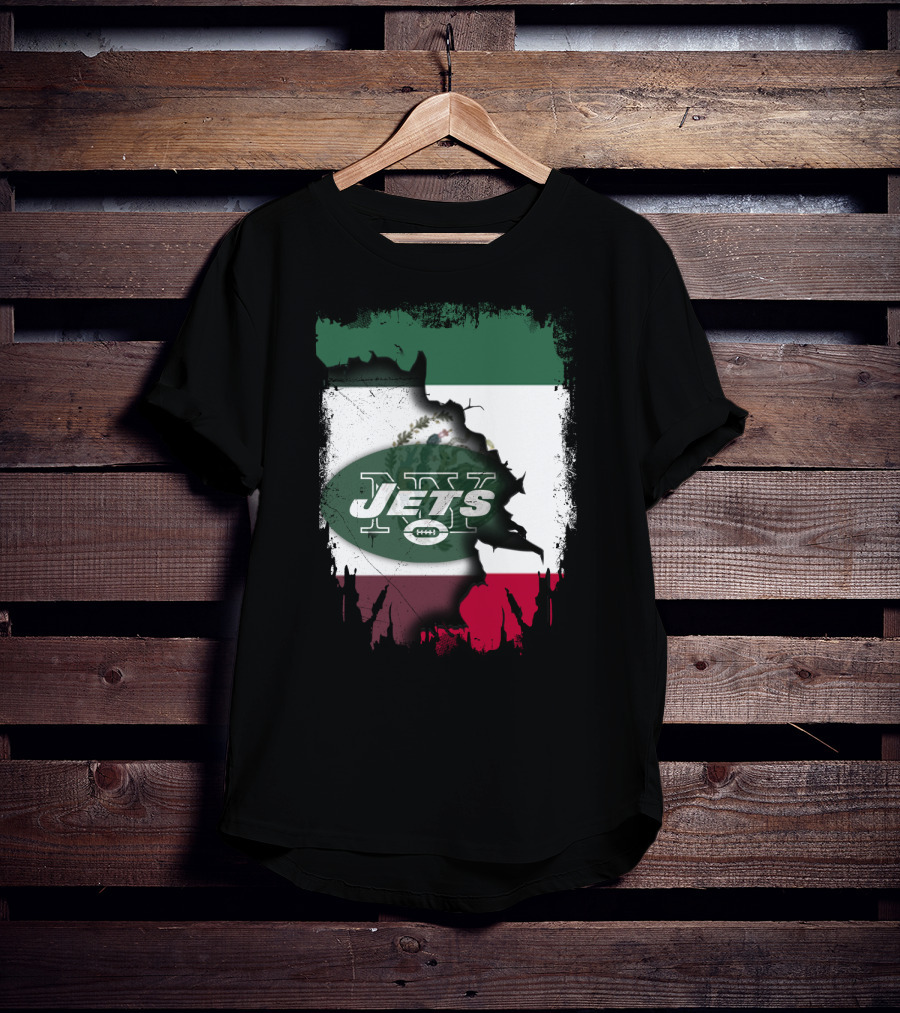 Mexico Flag Background With NY Jets Logo And Aztec Eagle T-Shirt