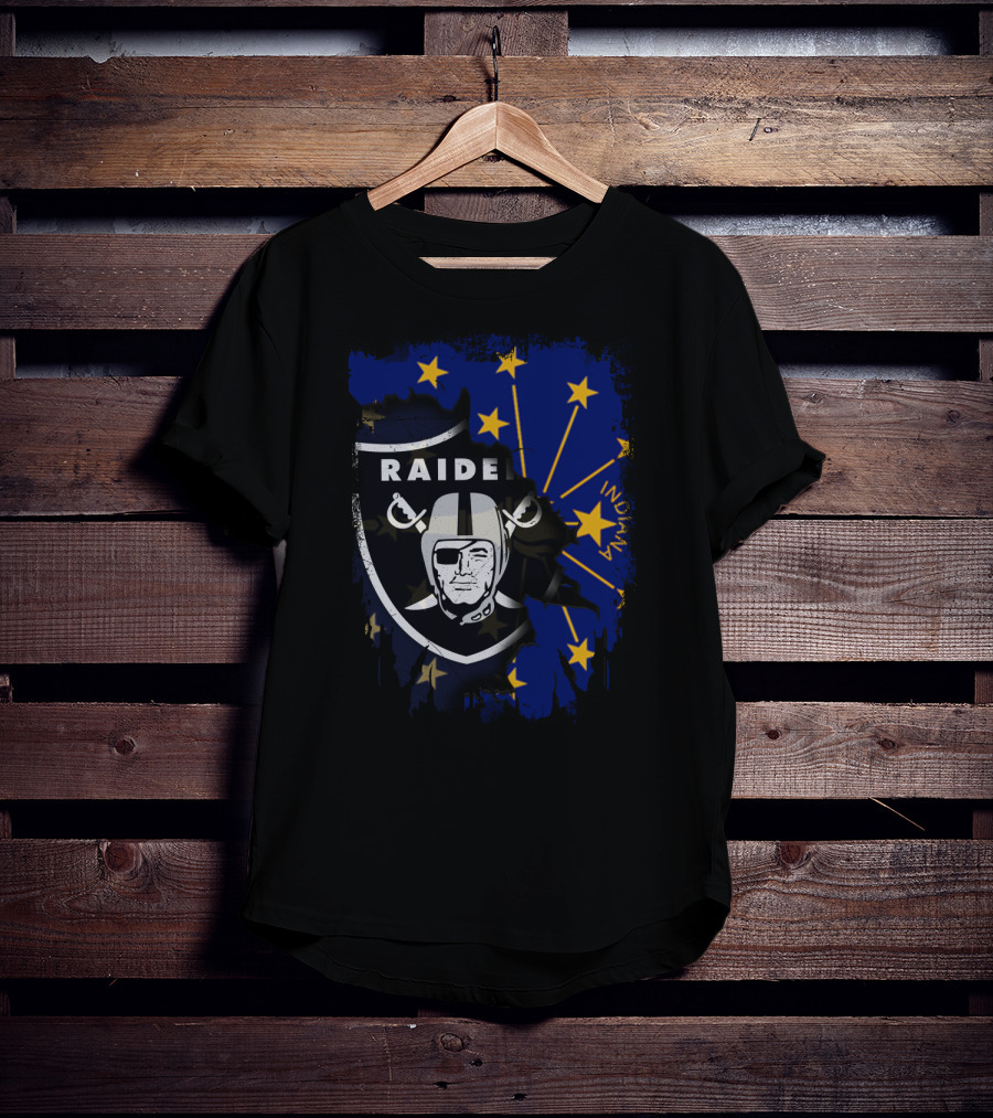 Raiders Logo Overlay On Indiana State Flag With Stars And Helmet T-Shirt