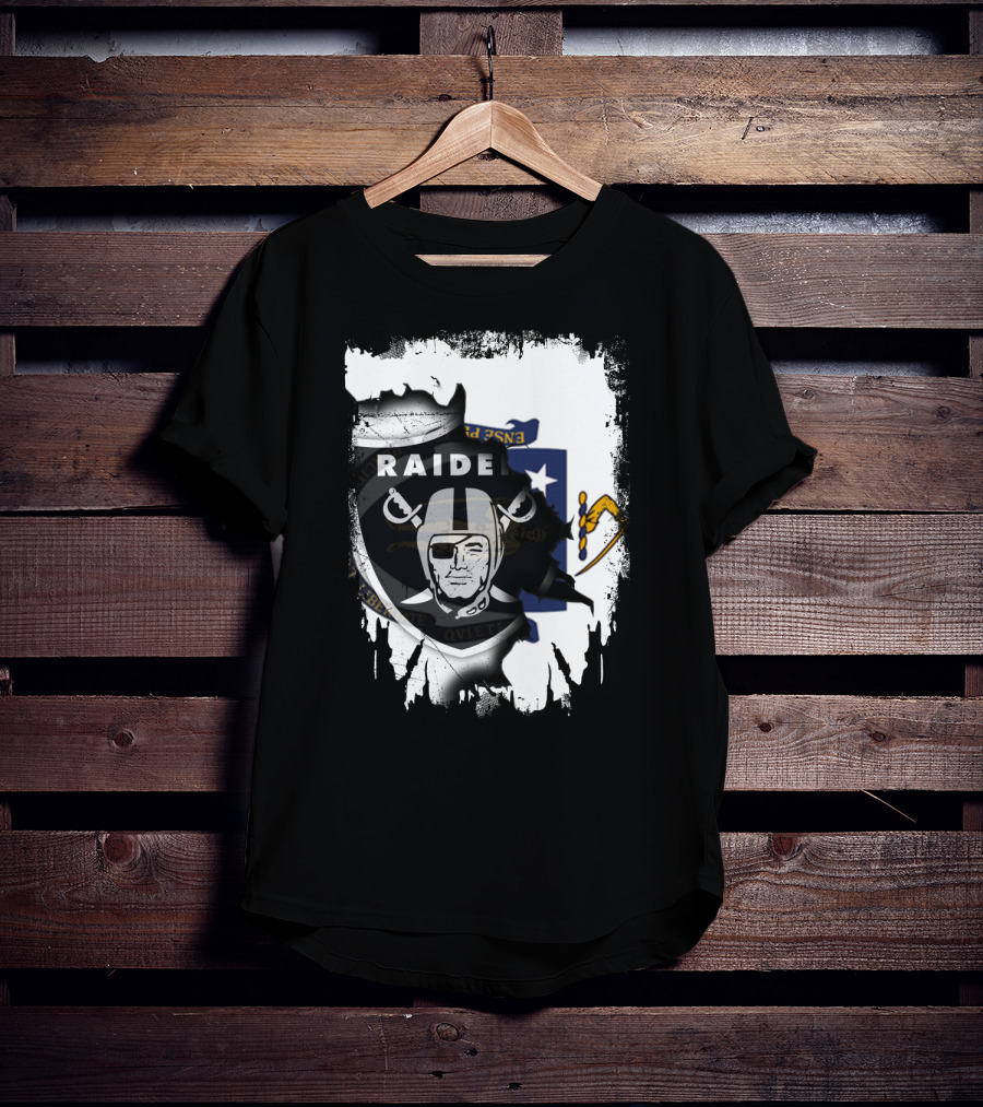 Massachusetts State Flag And Raiders Logo Fusion T-Shirt