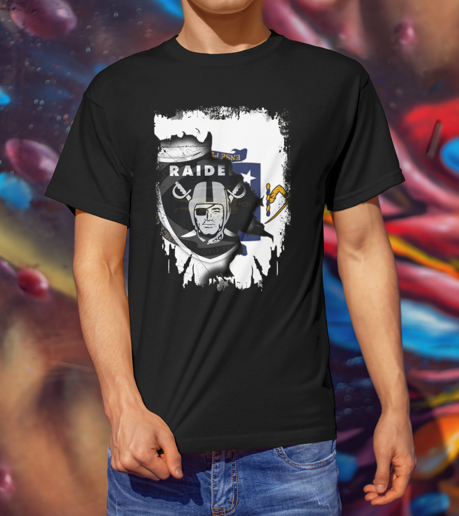 Massachusetts State Flag And Raiders Logo Fusion T-Shirt