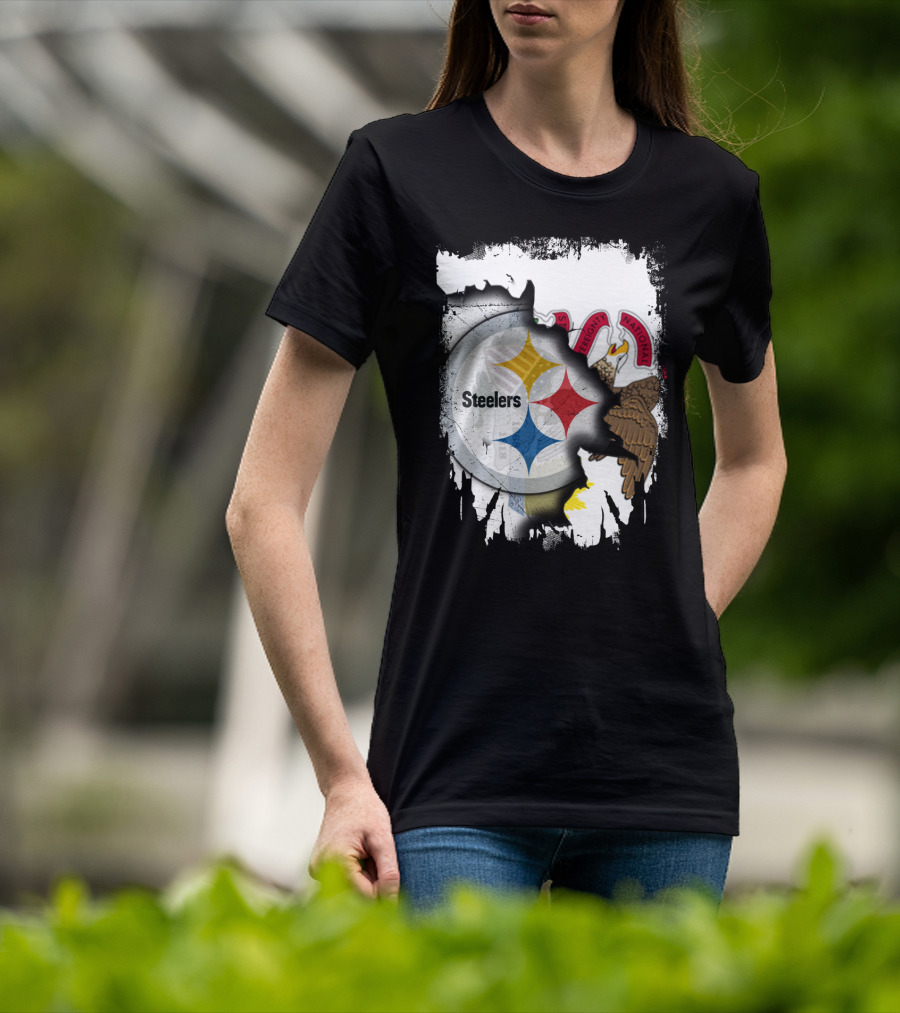 Illinois And Steelers Unity Emblem With State Symbols And NFL T-Shirt