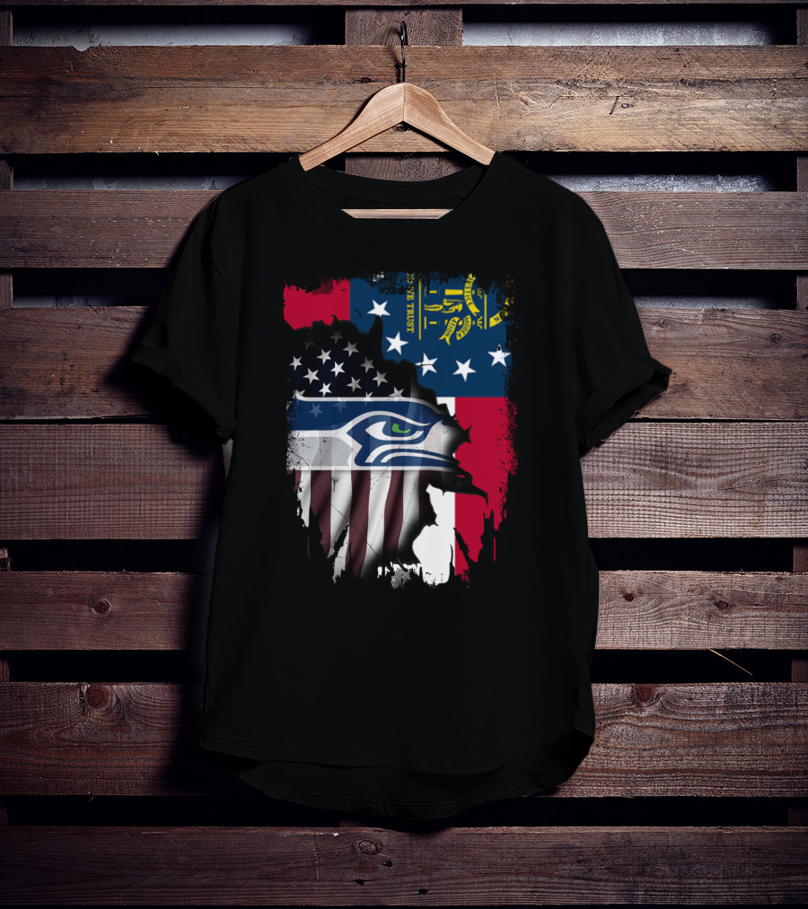 Georgia State Flag With Seahawks Logo And American Flag Elements T-Shirt