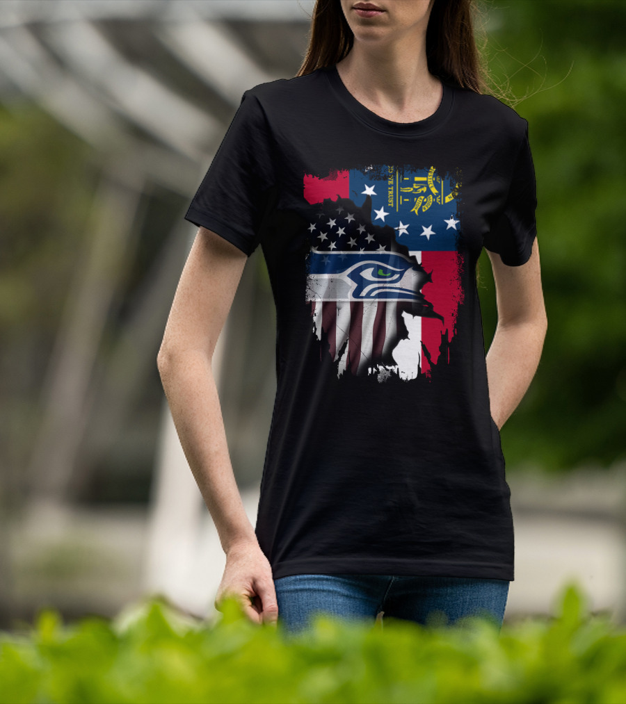 Georgia State Flag With Seahawks Logo And American Flag Elements T-Shirt