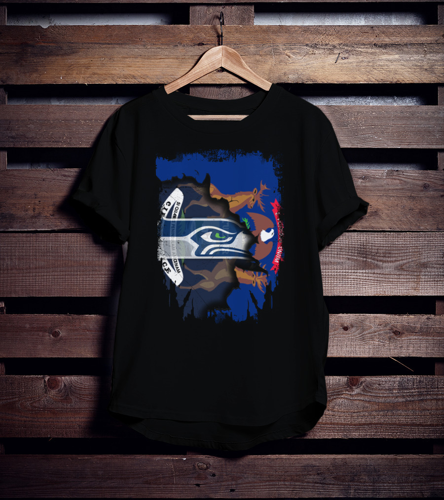 Seahawks Logo With Ripped Michigan Flag Background T-Shirt