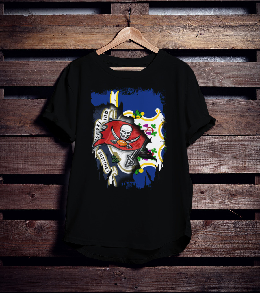 Connecticut Flag With Buccaneers Pirate Logo And State T-Shirt