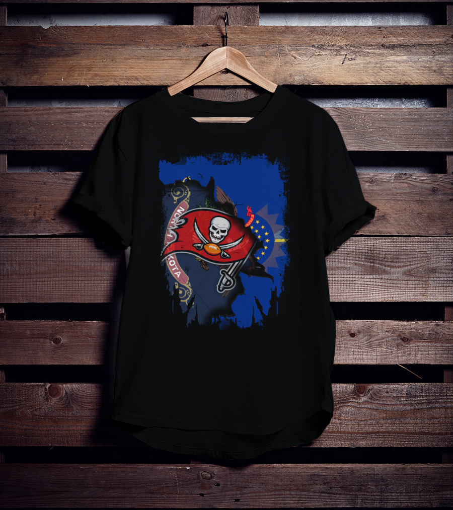 North Dakota Flag With Buccaneers Skull Logo And Football T-Shirt