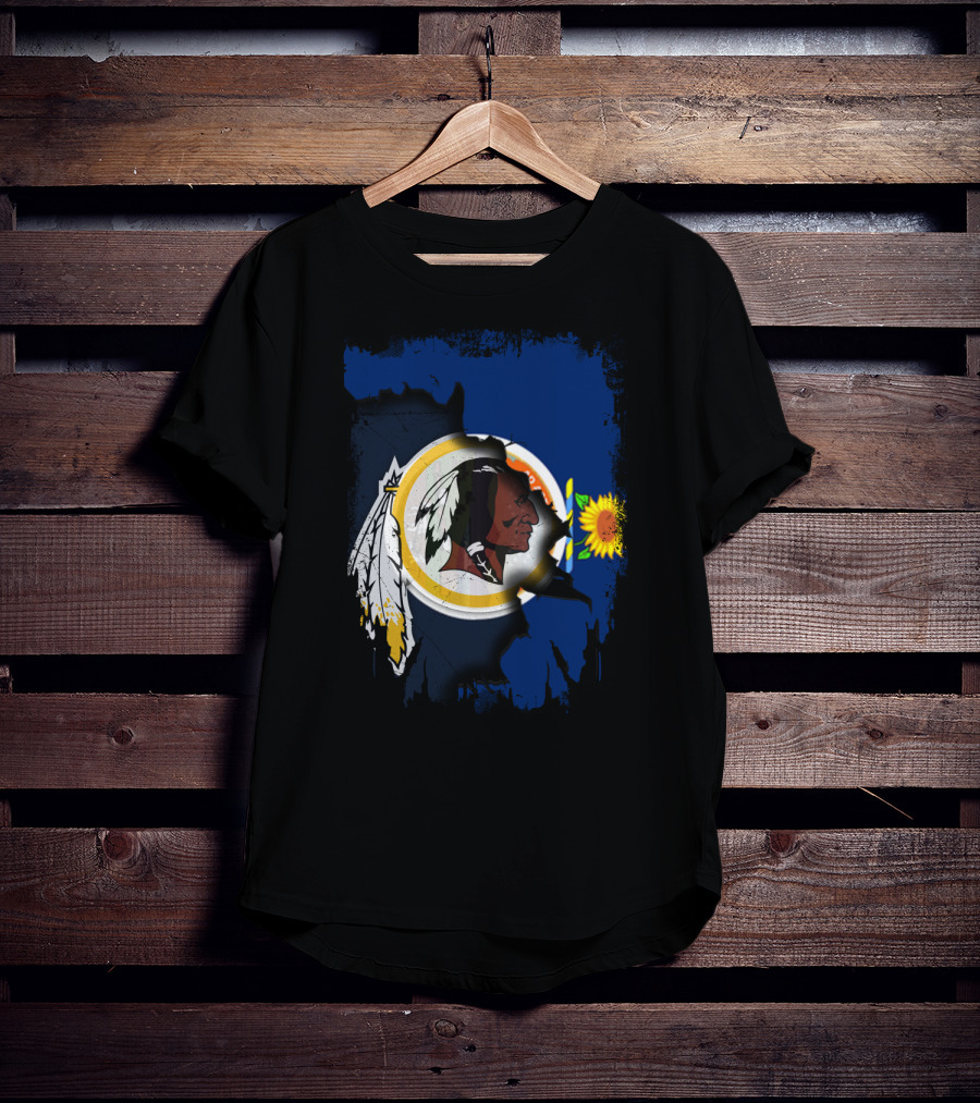 Kansas Map With Redskins Logo And Sunflower Symbol T-Shirt