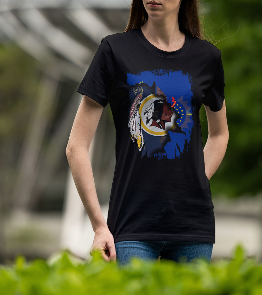 North Dakota Pride With Redskins Symbol On Blue T-Shirt