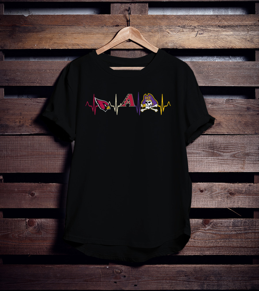 Cardinals Diamondbacks Ecu Pirate Skull Heartbeat Lines T-Shirt