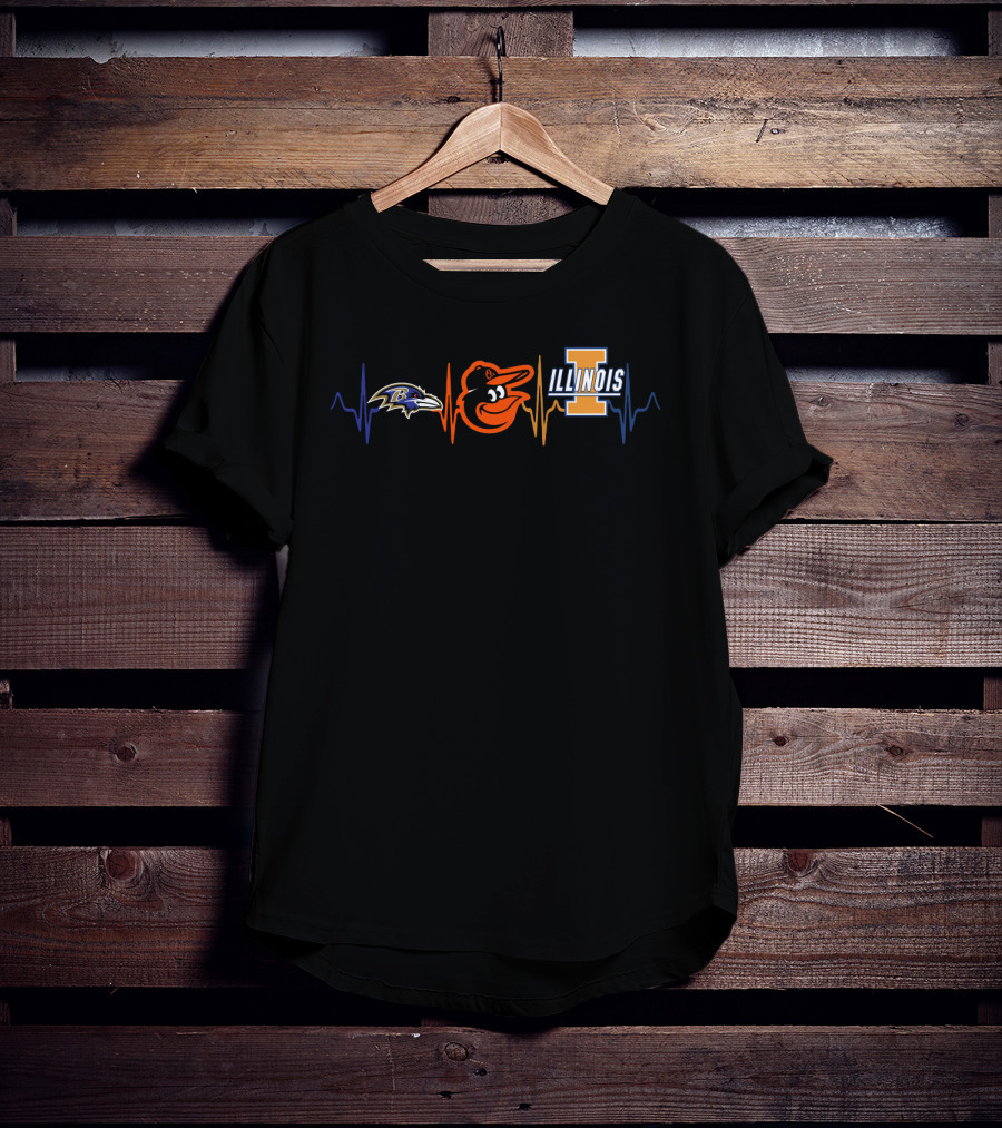 Baltimore Ravens And Orioles With Illinois Fighting Illini Heartbeat T-Shirt
