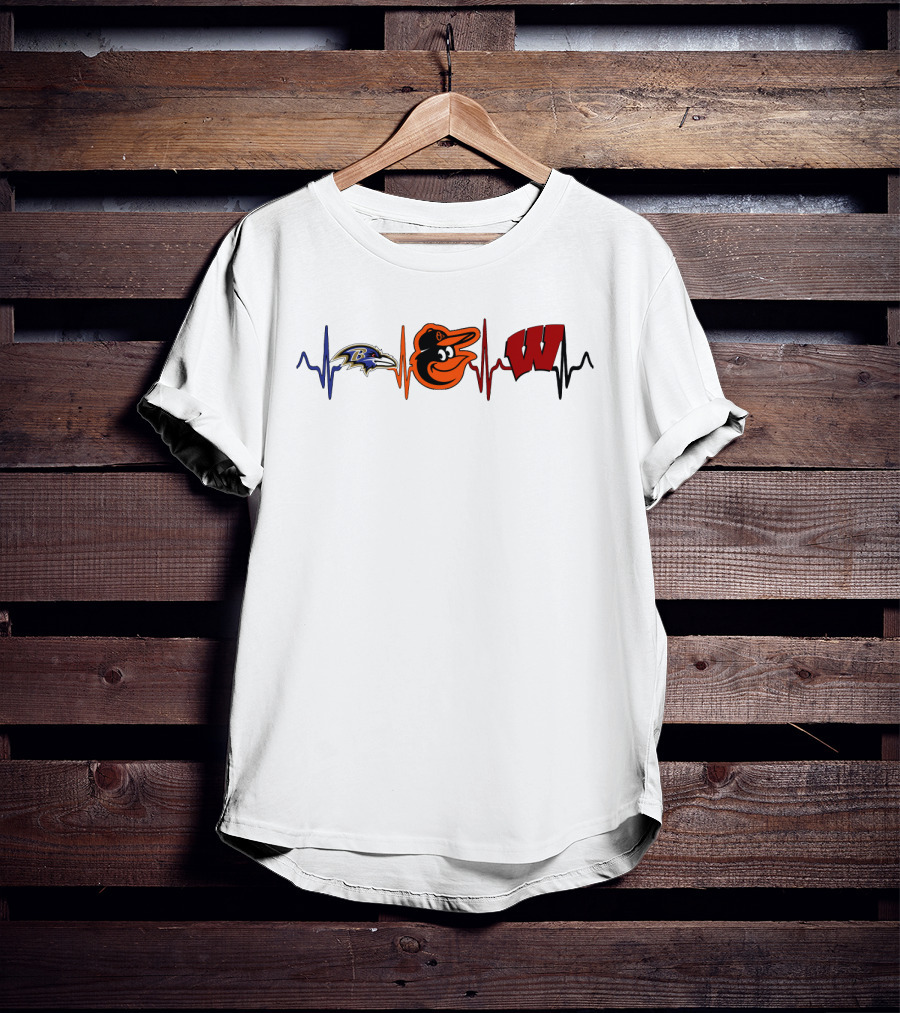 Baltimore Ravens Baltimore Orioles Wisconsin Badgers Heartbeat T-Shirt
