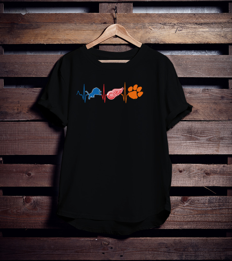 Detroit Lions Detroit Red Wings Clemson Tigers Heartbeat T-Shirt