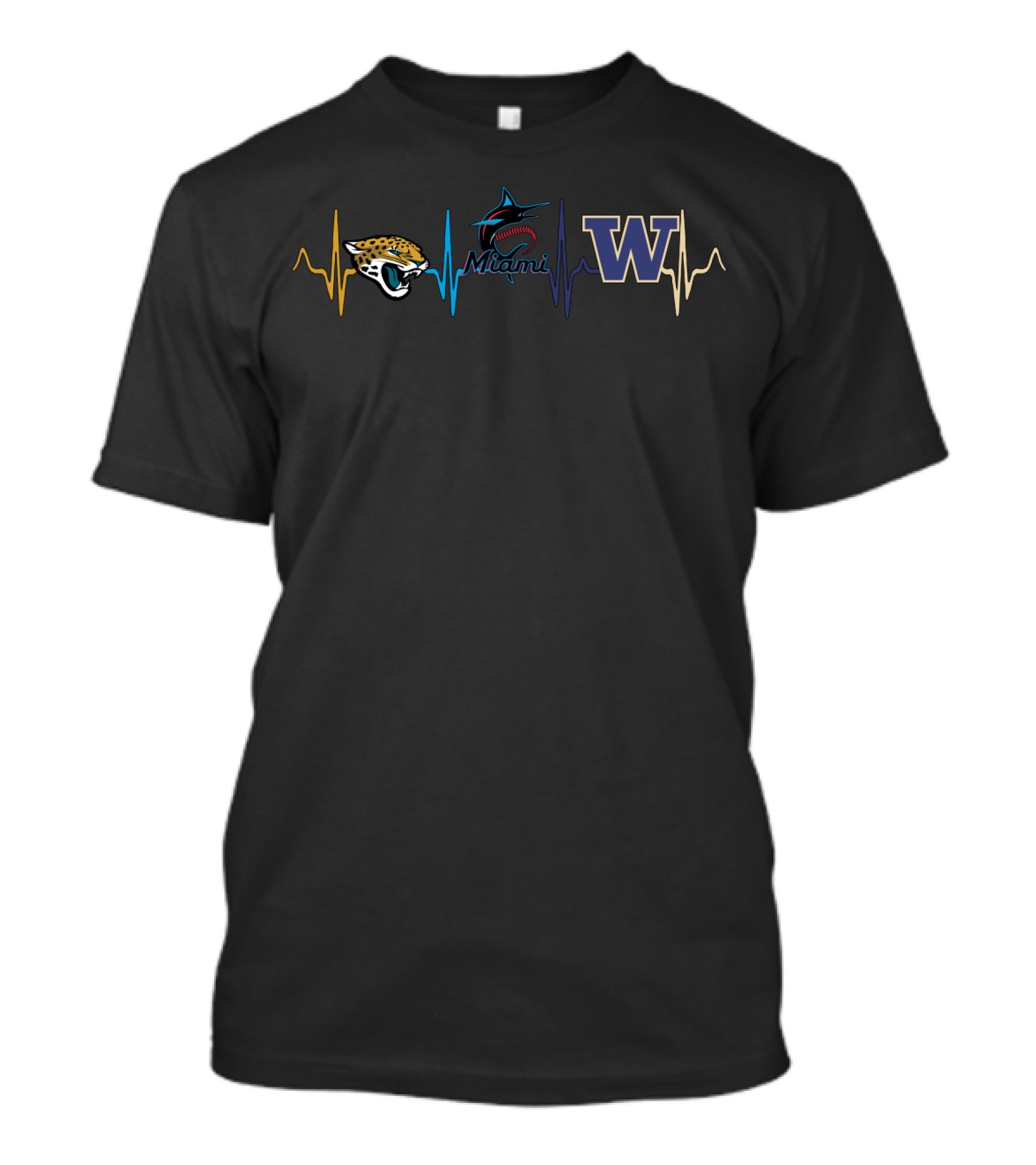 Love Jaguars Miami Marlins Washington Huskies Fan Heartbeat T-Shirt