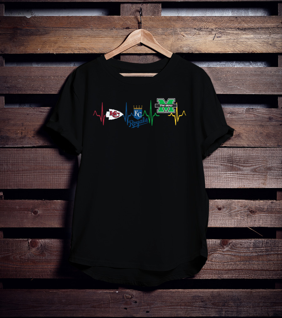 Kansas City Chiefs And Royals With Marshall Thundering Herd Heartbeat T-Shirt
