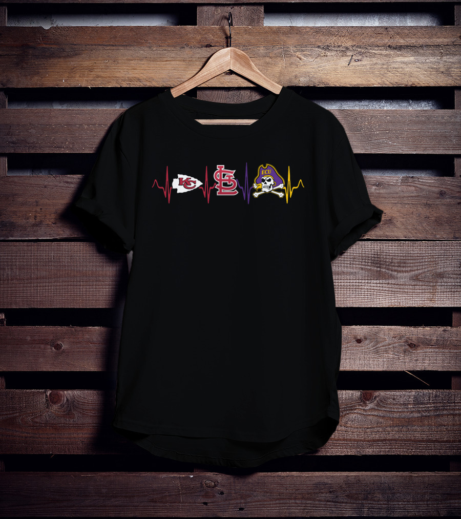 Kansas City Chiefs Saint Louis Cardinals Ecu Pirates Heartbeat Ekg T-Shirt