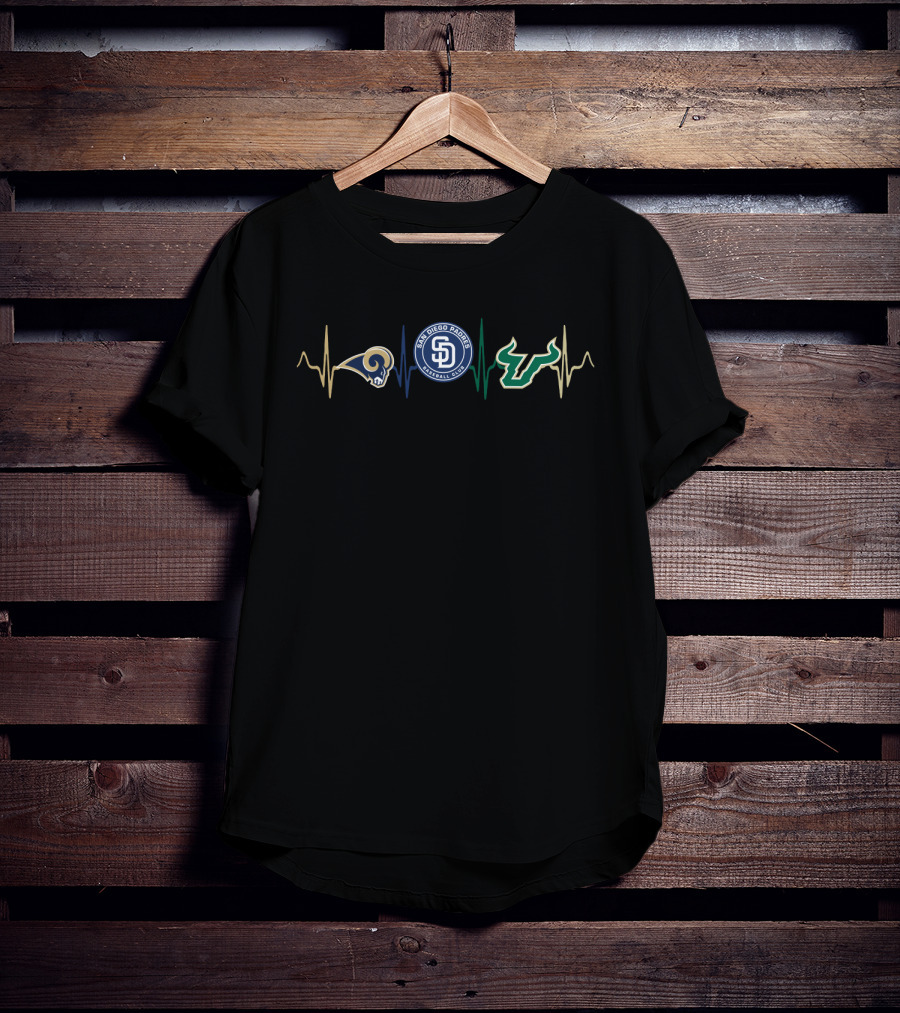 Love Rams San Diego Padres South Florida Bulls Heartbeat T-Shirt