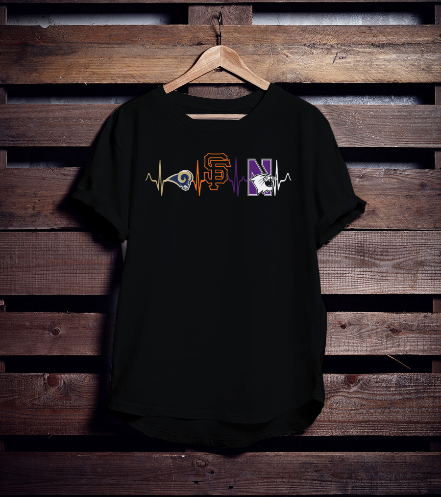 Love Rams Giants Northwestern Wildcats Heartbeat T-Shirt